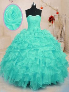Turquoise Organza Lace Up Sweet 16 Dresses Sleeveless Floor Length Beading and Ruffles and Hand Made Flower