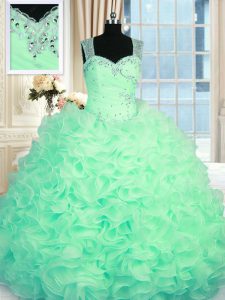 Graceful Straps Sleeveless Quinceanera Gowns Floor Length Beading and Ruffles Apple Green Organza