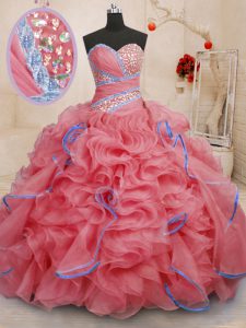 Attractive With Train Coral Red Vestidos de Quinceanera Organza Brush Train Sleeveless Beading and Ruffles