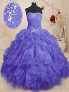 Floor Length Lace Up Vestidos de Quinceanera Purple for Military Ball and Sweet 16 and Quinceanera with Beading and Ruffles and Ruching