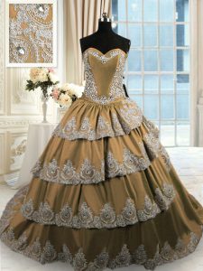 Sleeveless With Train Beading and Appliques and Ruffled Layers Lace Up Quinceanera Dresses with Brown Court Train