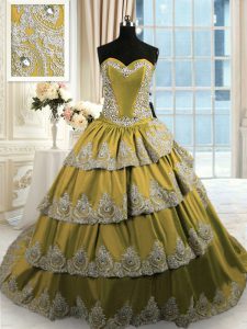 Beading and Appliques and Ruffled Layers Sweet 16 Dresses Olive Green Lace Up Sleeveless With Train