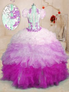 Sweet Multi-color Sleeveless With Train Beading and Appliques and Ruffles Lace Up Sweet 16 Dress