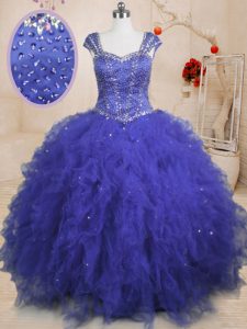 Royal Blue 15th Birthday Dress Military Ball and Sweet 16 and Quinceanera and For with Beading and Ruffles and Sequins Square Cap Sleeves Lace Up