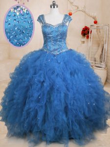 Cap Sleeves Floor Length Beading and Ruffles and Sequins Lace Up Sweet 16 Dresses with Teal