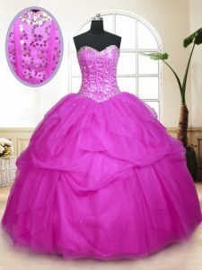 Edgy Sequins Pick Ups Ball Gowns Quince Ball Gowns Fuchsia Sweetheart Tulle Sleeveless Floor Length Lace Up