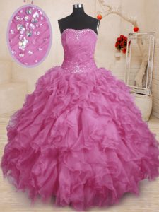 Exquisite Strapless Sleeveless Lace Up Quinceanera Dress Fuchsia Organza