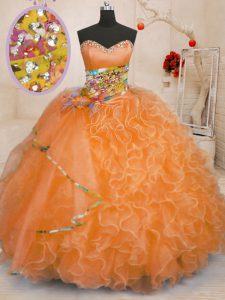 Customized Orange Sleeveless Beading and Ruffles Floor Length 15 Quinceanera Dress