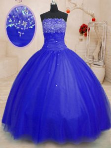 Fancy Floor Length Royal Blue Sweet 16 Dress Tulle Sleeveless Beading