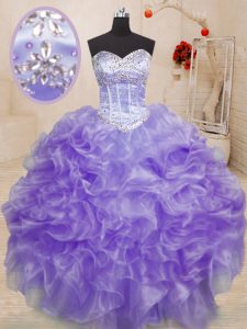 Floor Length Lavender Quinceanera Dresses Organza Sleeveless Beading and Ruffles