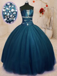 Ideal Navy Blue Ball Gowns Tulle Strapless Sleeveless Beading Floor Length Lace Up Sweet 16 Dresses