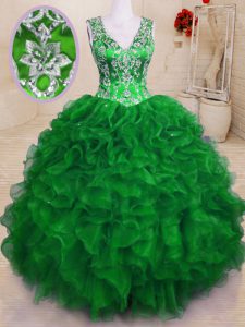 Green Zipper Quinceanera Dresses Beading and Embroidery and Ruffles Sleeveless Floor Length
