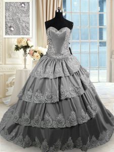 Modest Ruffled With Train Grey Ball Gown Prom Dress Sweetheart Sleeveless Court Train Lace Up