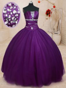 Excellent Dark Purple Quinceanera Gowns Military Ball and Sweet 16 and Quinceanera and For with Beading Strapless Sleeveless Lace Up