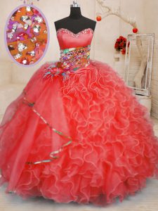 Charming Coral Red Sleeveless Organza Lace Up Sweet 16 Dresses for Military Ball and Sweet 16 and Quinceanera