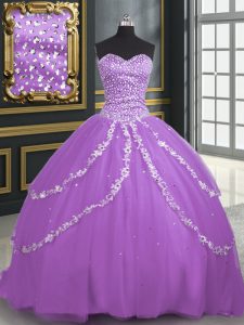 Hot Selling Lavender Sleeveless Brush Train Beading and Appliques With Train Sweet 16 Quinceanera Dress