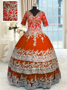 Superior Orange Red V-neck Zipper Beading and Appliques and Ruffles Quinceanera Dress Half Sleeves