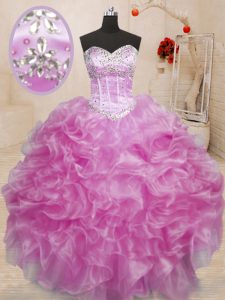 Discount Lilac Ball Gowns Sweetheart Sleeveless Organza Floor Length Lace Up Beading and Ruffles Vestidos de Quinceanera
