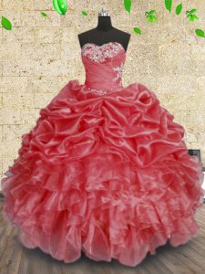 Glorious Floor Length Ball Gowns Sleeveless Coral Red Vestidos de Quinceanera Lace Up