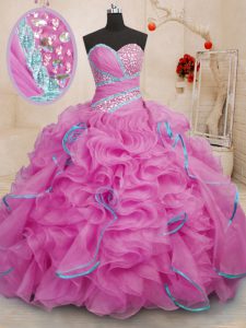 Designer Organza Sleeveless With Train Quinceanera Gowns Brush Train and Beading and Ruffles
