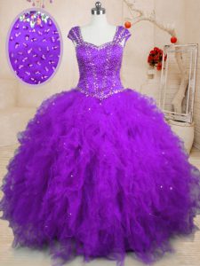 Purple Ball Gowns Beading and Ruffles Sweet 16 Dress Lace Up Tulle Cap Sleeves Floor Length