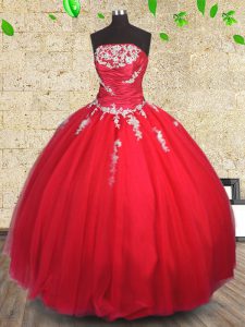 Cute Ball Gowns Sweet 16 Dresses Red Strapless Tulle Sleeveless Floor Length Lace Up