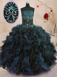 Multi-color Ball Gowns Strapless Sleeveless Organza Floor Length Lace Up Beading and Ruffles Quince Ball Gowns