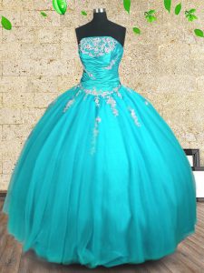Aqua Blue Lace Up Strapless Appliques and Ruching 15 Quinceanera Dress Tulle Sleeveless