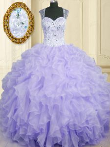 Top Selling Lavender Ball Gowns Straps Sleeveless Organza Floor Length Lace Up Beading and Ruffles Sweet 16 Dresses