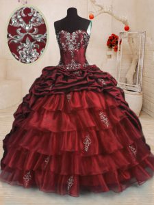 Captivating Wine Red Lace Up Sweet 16 Dress Beading and Appliques and Ruffled Layers and Pick Ups Sleeveless With Train Sweep Train