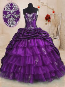 Elegant Purple Lace Up Sweetheart Beading and Appliques and Ruffled Layers and Pick Ups Sweet 16 Dress Organza and Taffeta Sleeveless Sweep Train