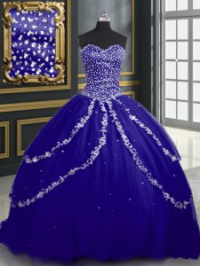 Fantastic Blue Sweetheart Lace Up Beading and Appliques Sweet 16 Dresses Brush Train Sleeveless