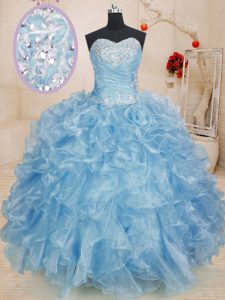 Simple Floor Length Lace Up Quinceanera Dress Blue for Military Ball and Sweet 16 and Quinceanera with Beading and Ruffles