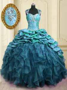 New Style Sweetheart Cap Sleeves Quinceanera Dress With Brush Train Beading and Ruffles and Pick Ups Teal Organza and Taffeta