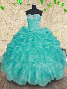 Fitting Beading and Ruffles and Ruching Quince Ball Gowns Aqua Blue Lace Up Sleeveless Floor Length