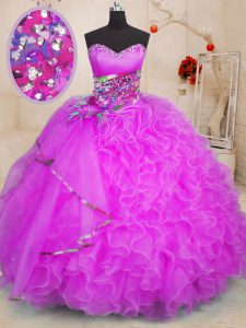 Designer Sleeveless Floor Length Beading and Ruffles Lace Up Quinceanera Gowns with Fuchsia