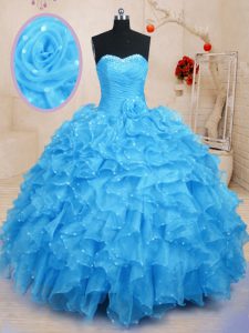Baby Blue Quinceanera Dress Military Ball and Sweet 16 and Quinceanera and For with Beading and Ruffles and Hand Made Flower Sweetheart Sleeveless Lace Up