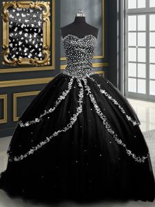 Romantic Black Tulle Lace Up Quinceanera Gown Sleeveless With Brush Train Beading and Appliques