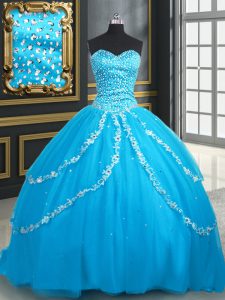 Delicate Sweetheart Sleeveless Tulle Vestidos de Quinceanera Beading and Appliques Brush Train Lace Up
