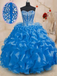 Sexy Royal Blue Sleeveless Beading and Ruffles Floor Length Quinceanera Dress