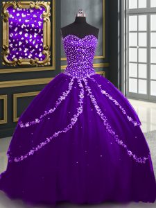 Purple Tulle Lace Up Sweetheart Sleeveless With Train Sweet 16 Dress Brush Train Beading and Appliques