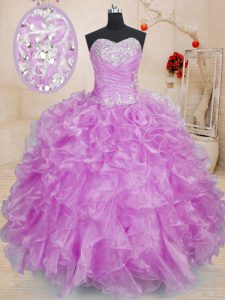 Gorgeous Lilac Organza Lace Up Sweet 16 Dresses Sleeveless Floor Length Beading and Ruffles