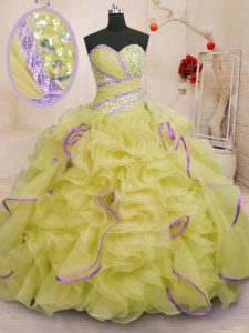 Organza Sleeveless With Train Quinceanera Gown Brush Train and Beading and Ruffles