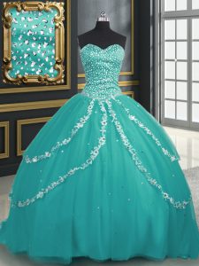 Superior Turquoise Tulle Lace Up Quince Ball Gowns Sleeveless With Brush Train Beading and Appliques