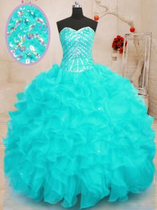 Fashion Organza Sleeveless Floor Length Quince Ball Gowns and Beading and Ruffles and Sequins