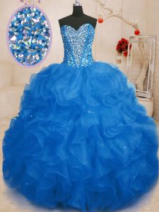 Beading and Ruffles Quinceanera Gowns Blue Lace Up Sleeveless Floor Length