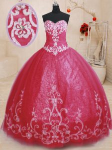 Extravagant Red Ball Gowns Tulle Sweetheart Sleeveless Beading and Embroidery Floor Length Lace Up Quinceanera Gowns
