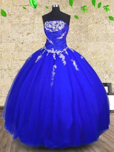 Admirable Royal Blue Strapless Neckline Appliques and Ruching Ball Gown Prom Dress Sleeveless Lace Up