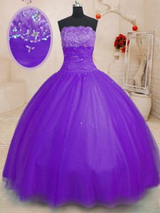 Purple Tulle Lace Up Strapless Sleeveless Floor Length 15 Quinceanera Dress Beading