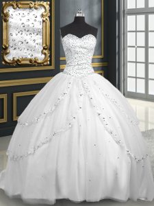 Tulle Sleeveless With Train 15 Quinceanera Dress Brush Train and Beading and Appliques